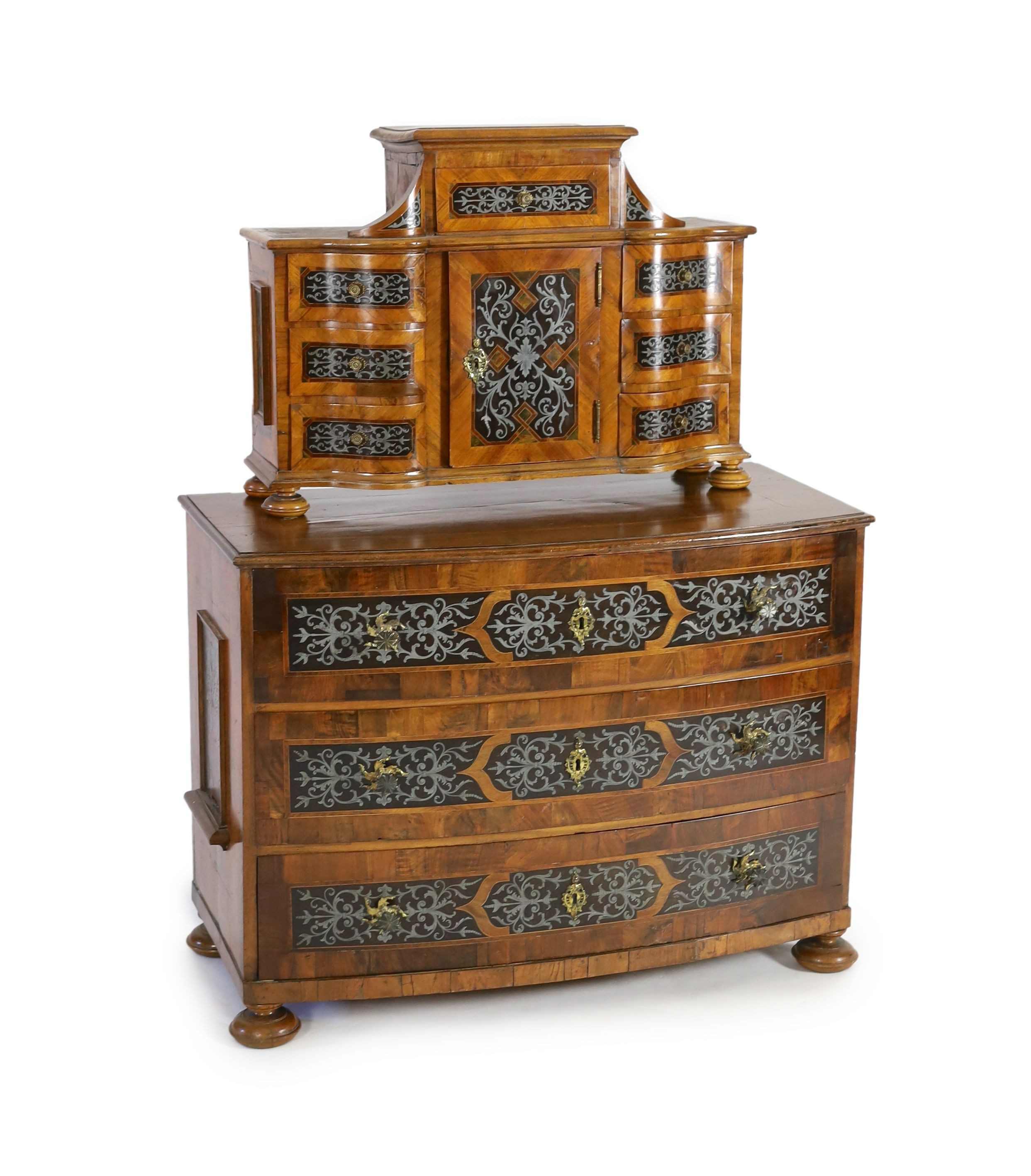 A South German walnut and cut pewter inlaid commode and matching tabernacle, second quarter 18th century, W.113cm D.57cm H.150cm